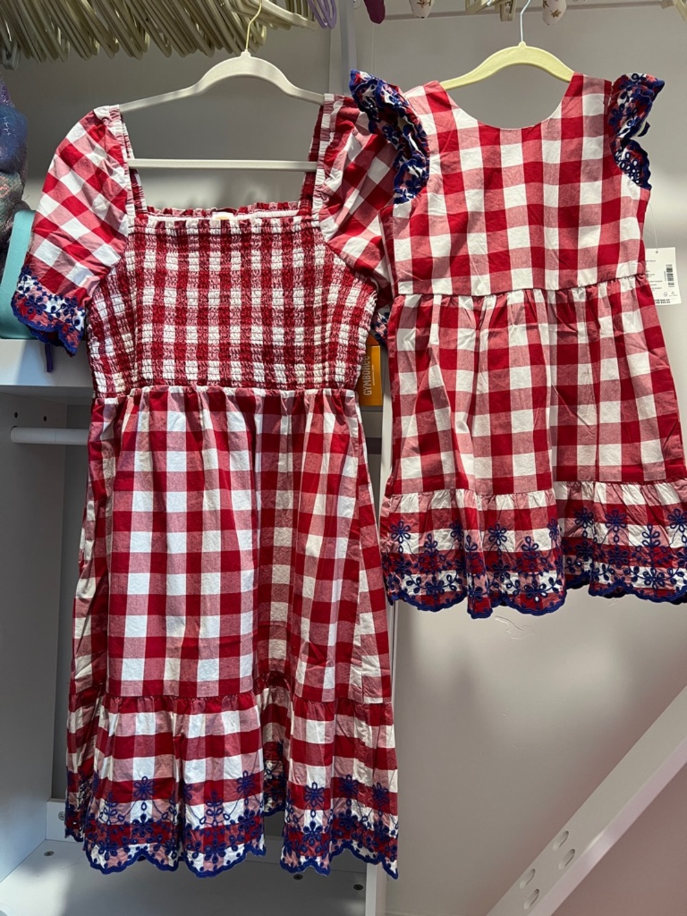 Red & White Gingham Women’s and Girls' Dress with Blue Embroidered Hem Mommy&Me!